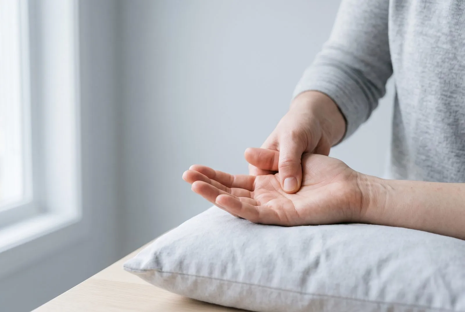 En terapeut trycker med tummen mitt i en öppen handflata som vilar på en kudde